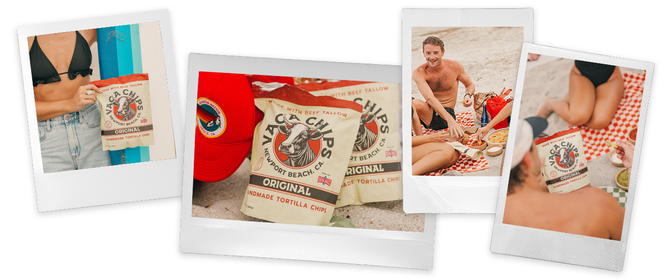 Polaroid-style photos of people with Vaca Chips bags on a beach.