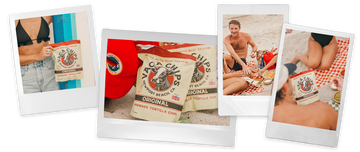 Polaroid-style photos of people with Vaca Chips bags on a beach.