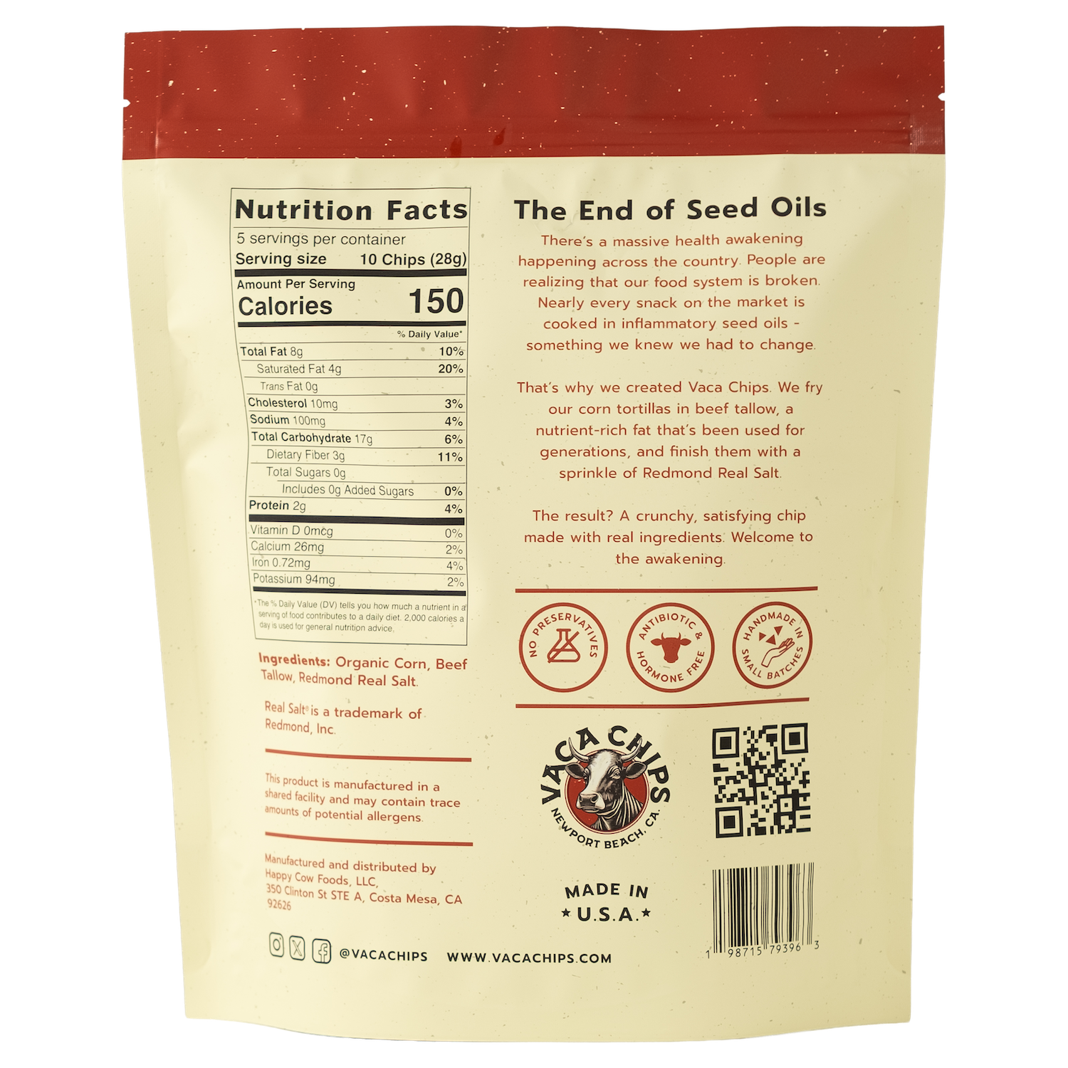 Back of a Vaca Chips packaging with nutritional information and brand details.